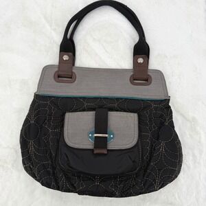 Fossil Key-Per Tote Bag Womens Black Grey Quilted Floral Coated Canvas Large